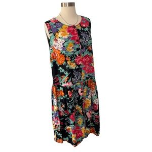 Vintage early 90s floral drop waist button front dress sleeveless M